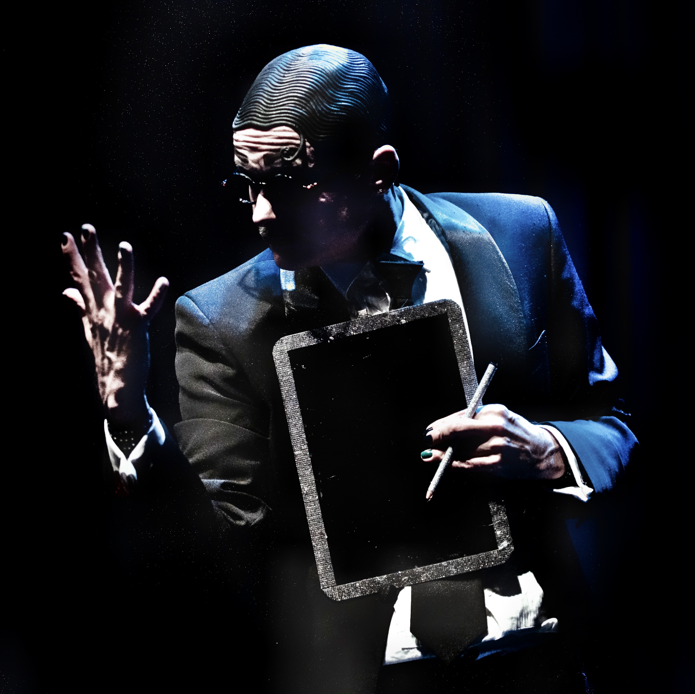 Enrico Touché in silhouette with a clipboard